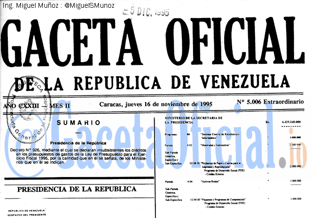 Gaceta Oficial 5006 del 16 Noviembre 1995