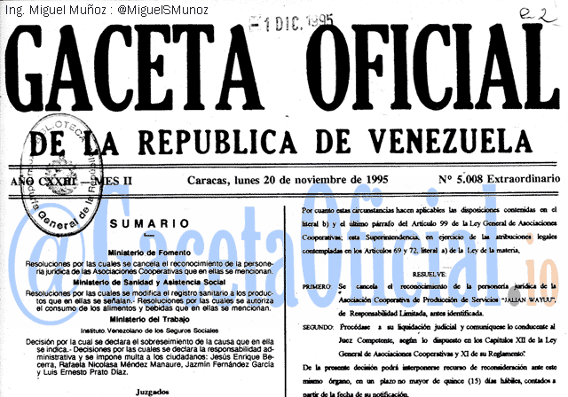 Gaceta Oficial 5008 del 20 Noviembre 1995