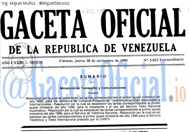 Gaceta Oficial 5012 del 30 Noviembre 1995