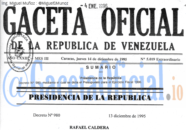Gaceta Oficial 5019 del 14 Diciembre 1995