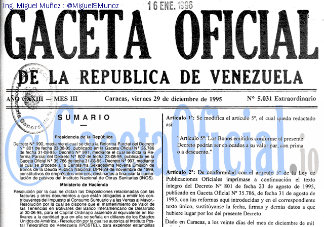Gaceta Oficial 5031 del 29 Diciembre 1995