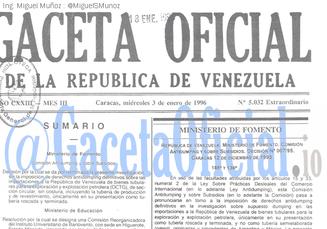 Gaceta Oficial 5032 del 3 Enero 1996