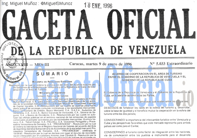 Gaceta Oficial 5033 del 9 Enero 1996