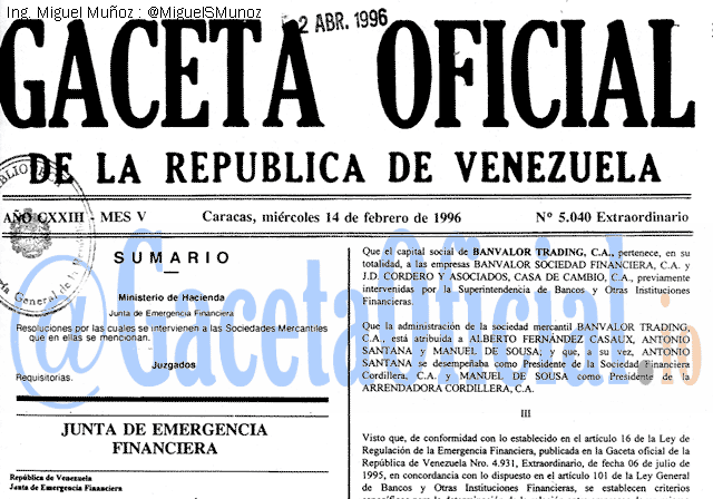 Gaceta Oficial 5040 del 14 Febrero 1996