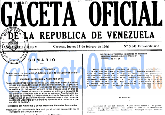Gaceta Oficial 5041 del 15 Febrero 1996