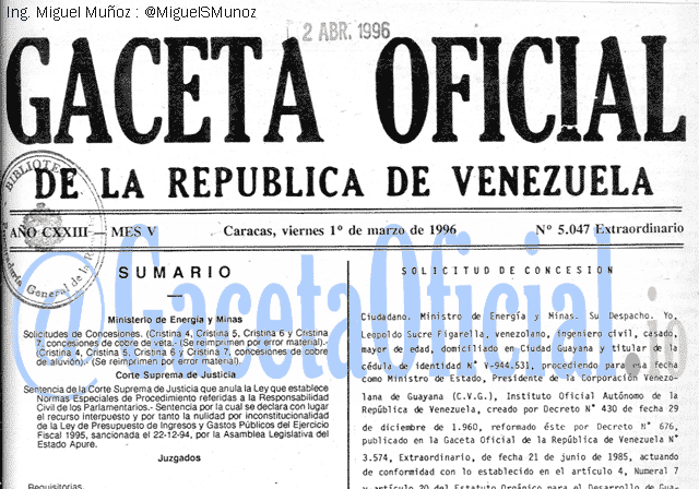 Gaceta Oficial 5047 del 1 Marzo 1996