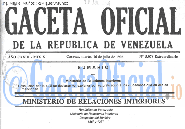 Gaceta Oficial 5078 del 16 Julio 1996