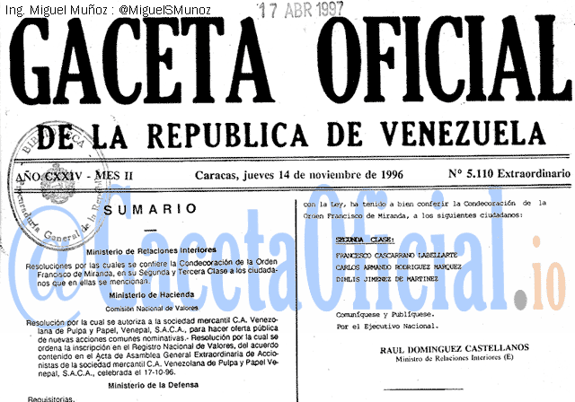 Gaceta Oficial 5110 del 14 Noviembre 1996