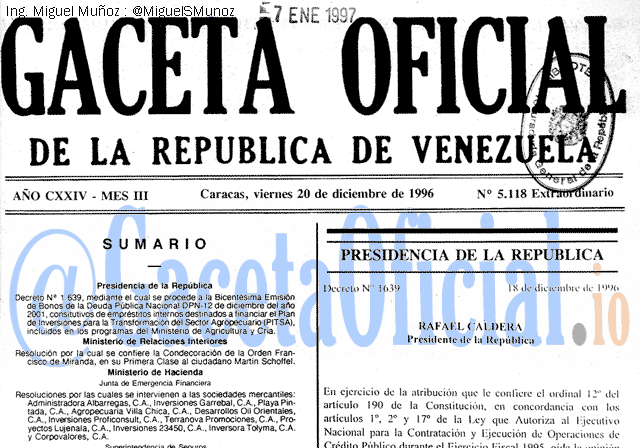Gaceta Oficial 5118 del 20 Diciembre 1996