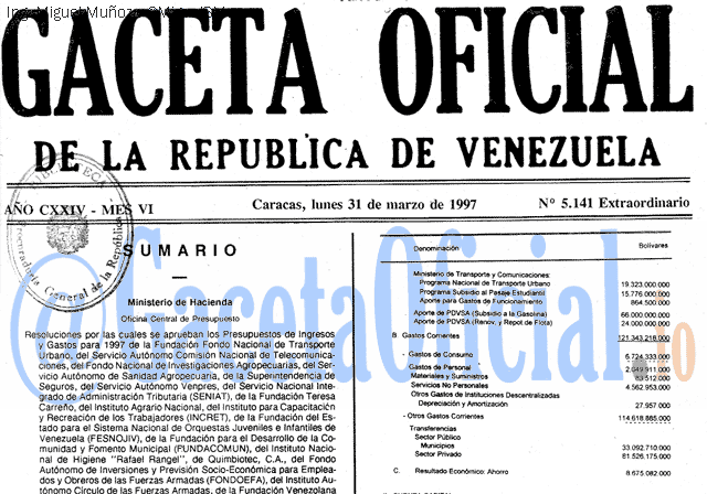 Gaceta Oficial 5141 del 31 Marzo 1997