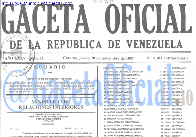 Gaceta Oficial 5183 del 20 Noviembre 1997