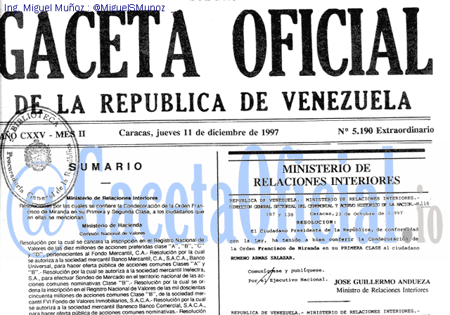 Gaceta Oficial 5190 del 11 Diciembre 1997