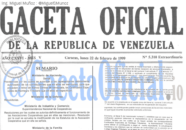 Gaceta Oficial 5310 del 22 Febrero 1999