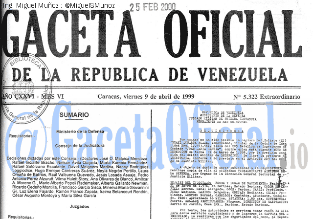 Gaceta Oficial 5322 del 9 Abril 1999