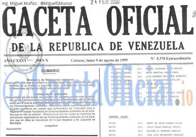 Gaceta Oficial 5370 del 9 Agosto 1999