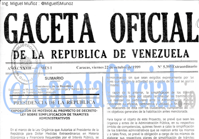 Gaceta Oficial 5393 del 22 Octubre 1999