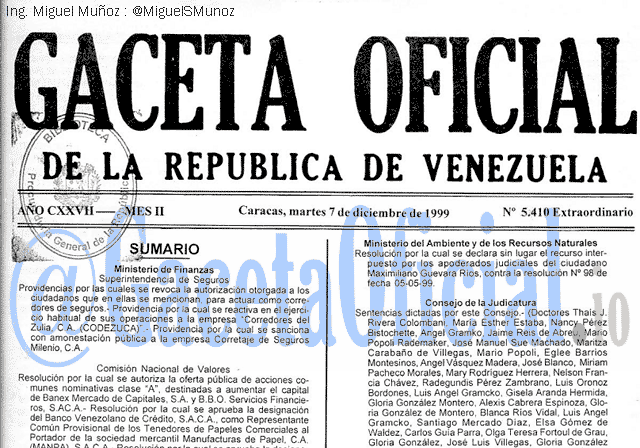 Gaceta Oficial 5410 del 7 Diciembre 1999