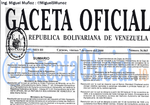 Gaceta Oficial 36865 del 7 Enero 2000