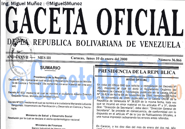 Gaceta Oficial 36866 del 10 Enero 2000