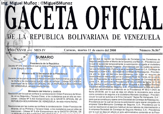 Gaceta Oficial 36867 del 11 Enero 2000