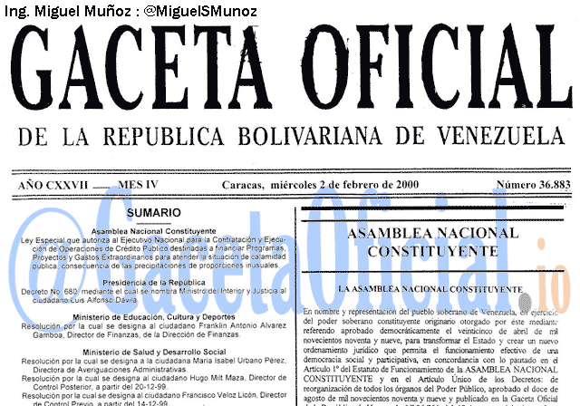 Gaceta Oficial 36883 del 2 Febrero 2000