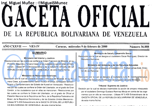 Gaceta Oficial 36888 del 9 Febrero 2000