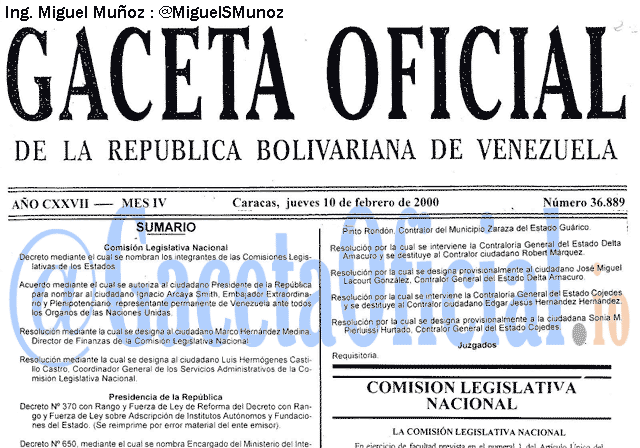 Gaceta Oficial 36889 del 10 Febrero 2000