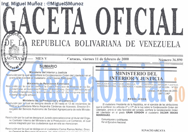 Gaceta Oficial 36890 del 11 Febrero 2000