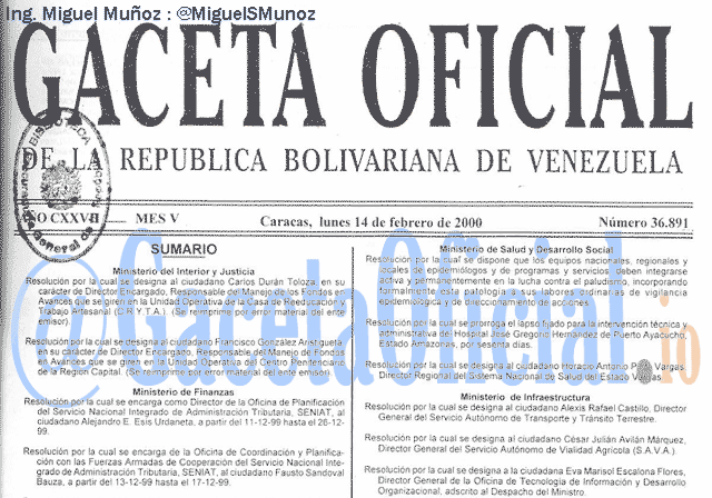 Gaceta Oficial 36891 del 14 Febrero 2000