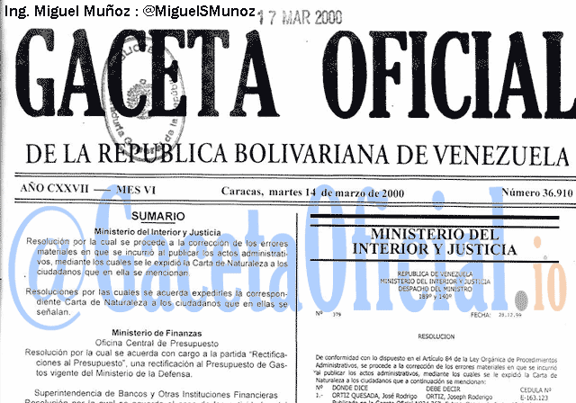 Gaceta Oficial 36910 del 14 Marzo 2000