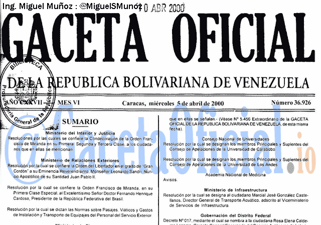 Gaceta Oficial 36926 del 5 Abril 2000