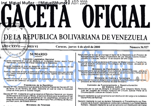 Gaceta Oficial 36927 del 6 Abril 2000