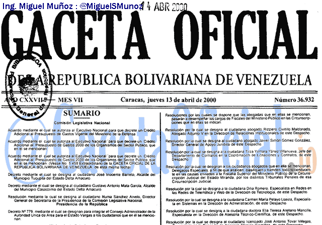 Gaceta Oficial 36932 del 13 Abril 2000