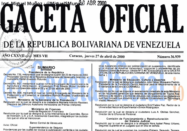 Gaceta Oficial 36939 del 27 Abril 2000
