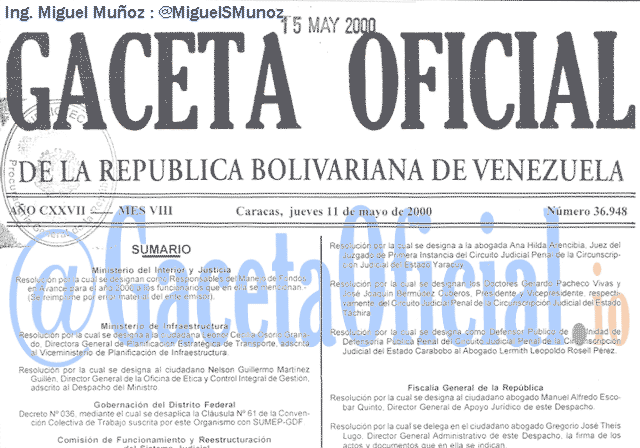 Gaceta Oficial 36948 del 11 Mayo 2000