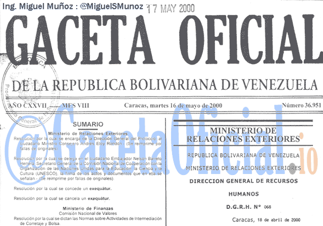 Gaceta Oficial 36951 del 16 Mayo 2000