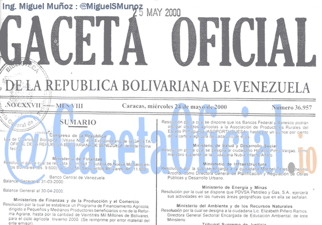 Gaceta Oficial 36957 del 24 Mayo 2000