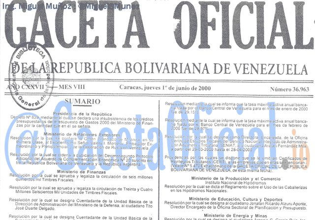 Gaceta Oficial 36963 del 1 Junio 2000