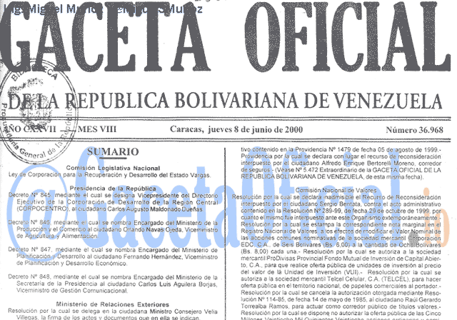 Gaceta Oficial 36968 del 8 Junio 2000