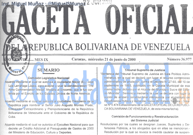 Gaceta Oficial 36977 del 21 Junio 2000