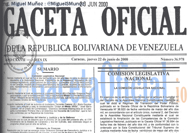 Gaceta Oficial 36978 del 22 Junio 2000