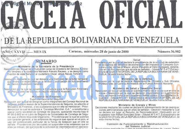 Gaceta Oficial 36982 del 28 Junio 2000