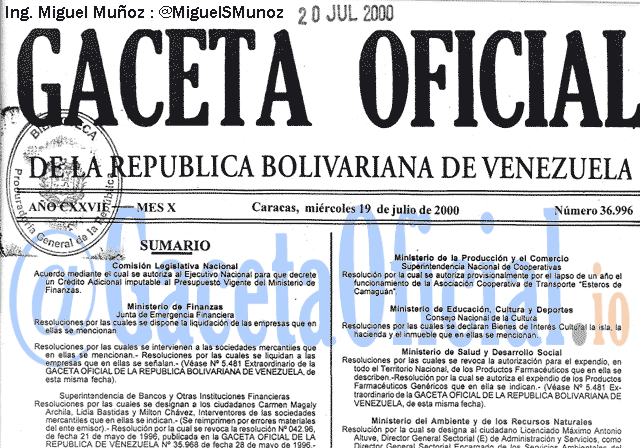 Gaceta Oficial 36996 del 19 Julio 2000