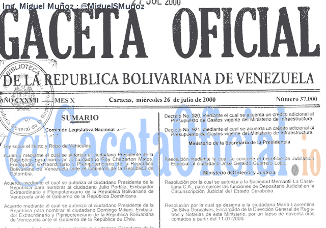 Gaceta Oficial 37000 del 26 Julio 2000