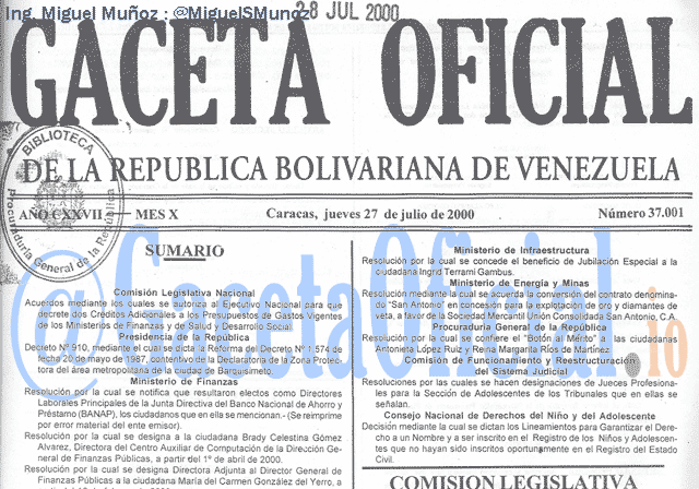 Gaceta Oficial 37001 del 27 Julio 2000