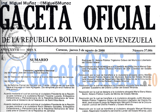 Gaceta Oficial 37006 del 3 Agosto 2000