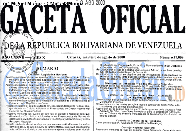Gaceta Oficial 37009 del 8 Agosto 2000
