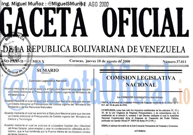 Gaceta Oficial 37011 del 10 Agosto 2000
