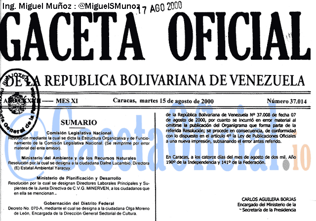 Gaceta Oficial 37014 del 15 Agosto 2000