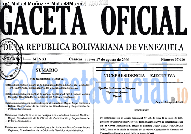 Gaceta Oficial 37016 del 17 Agosto 2000